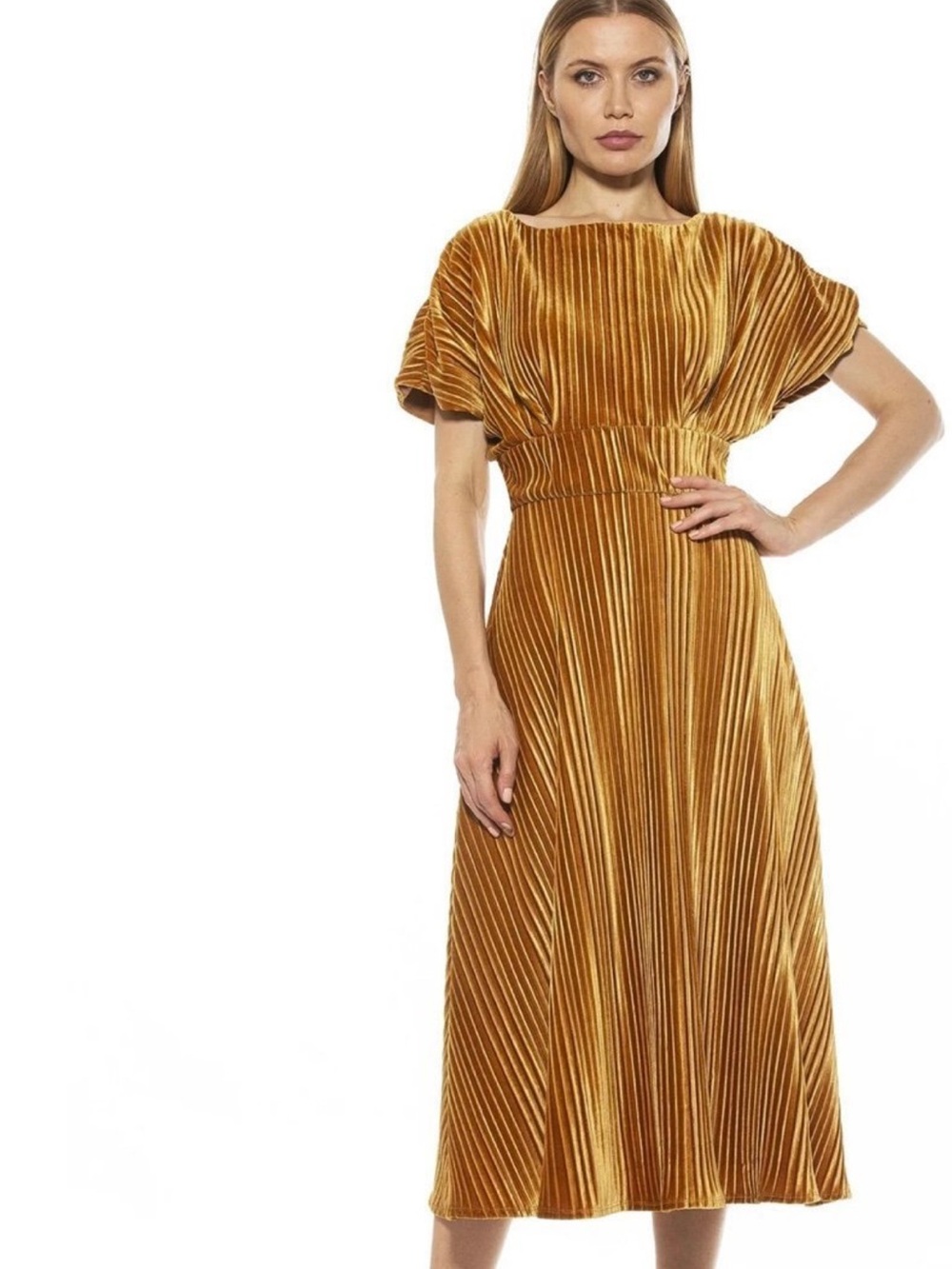 Alexia Admor Elegant Gold Velvet Pleated Midi Dress - Women